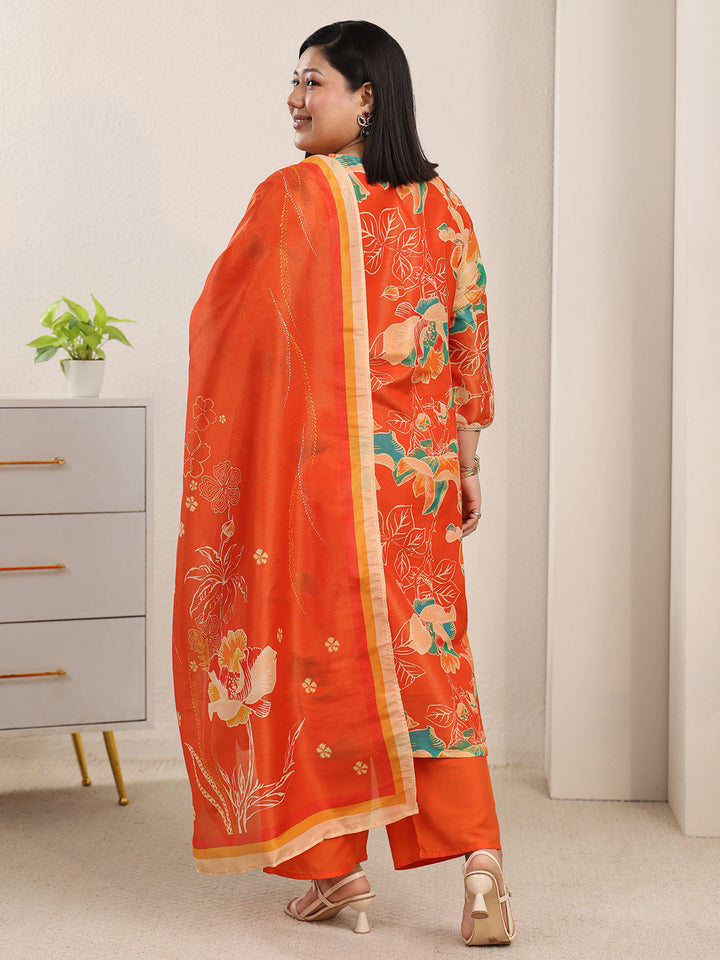 Plus Size Orange Printed Silk Blend Straight Suit Set With Dupatta