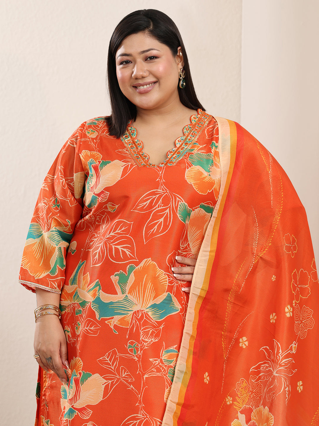 Plus Size Orange Printed Silk Blend Straight Suit Set With Dupatta