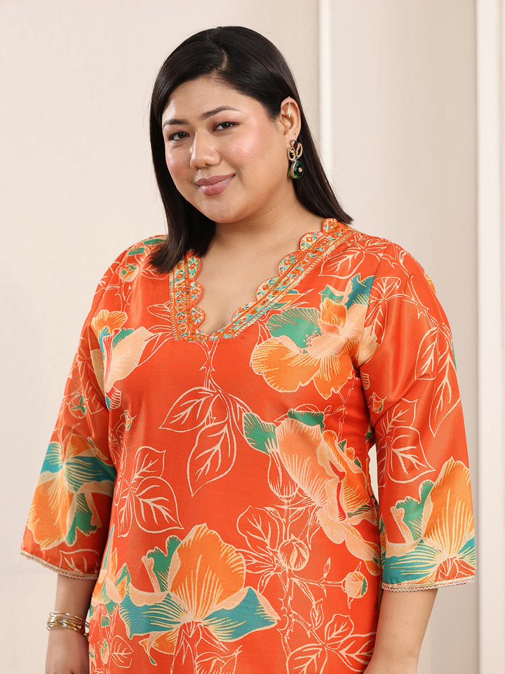 Plus Size Orange Printed Silk Blend Straight Suit Set With Dupatta
