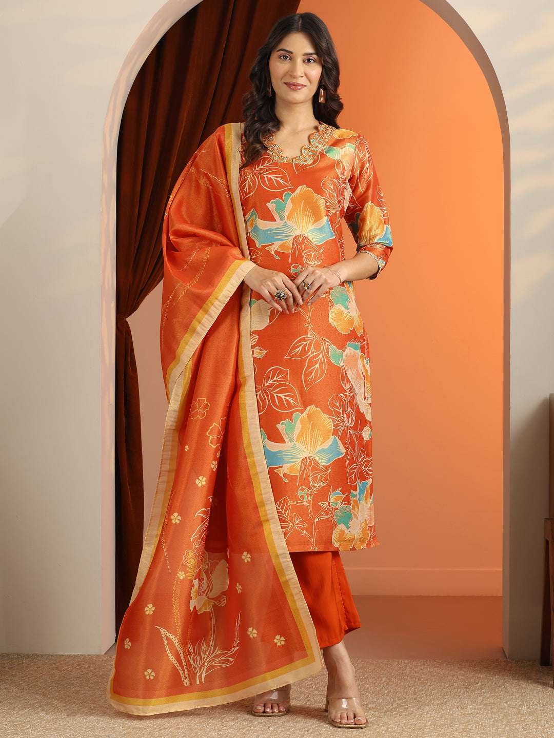 Orange Printed Silk Blend Straight Suit Set With Dupatta