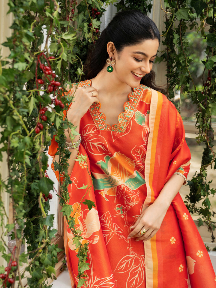 Orange Printed Silk Blend Straight Suit Set With Dupatta