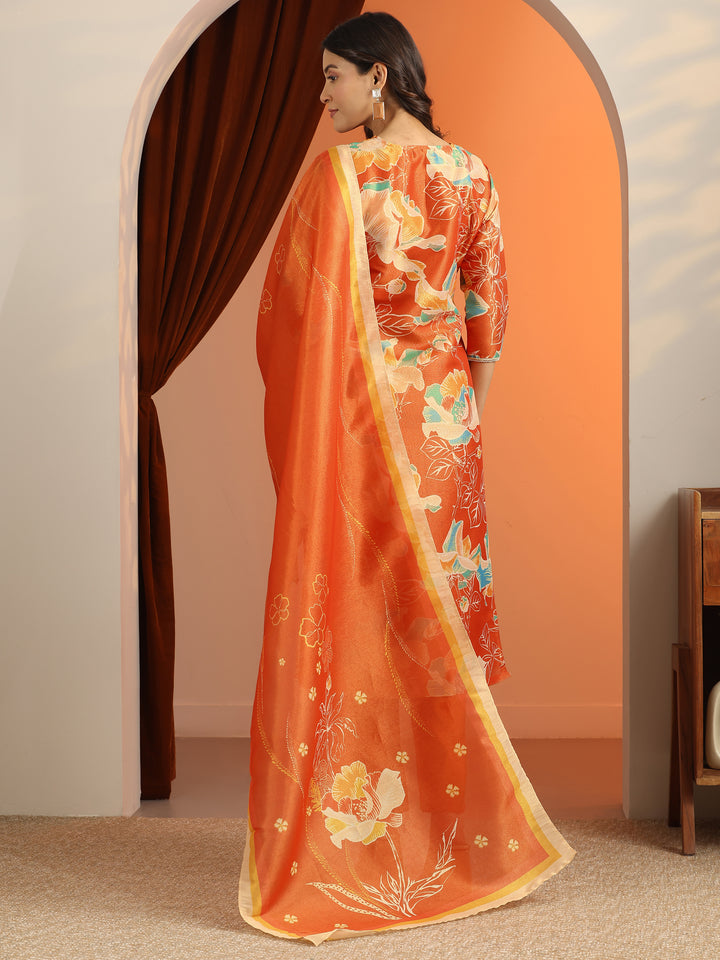 Orange Printed Silk Blend Straight Suit Set With Dupatta