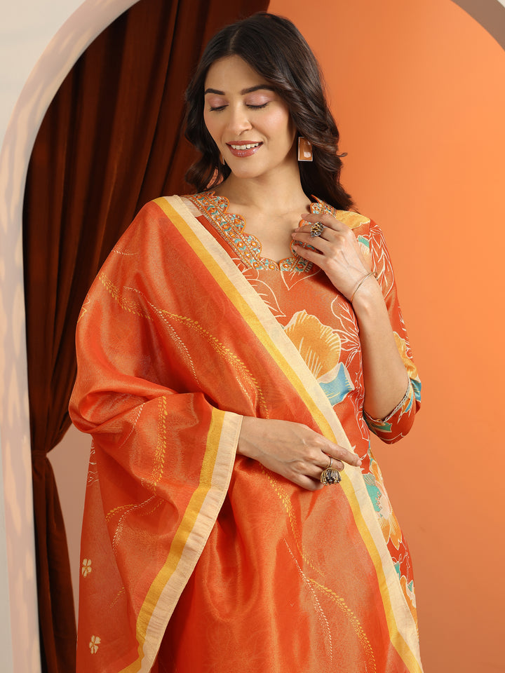 Orange Printed Silk Blend Straight Suit Set With Dupatta