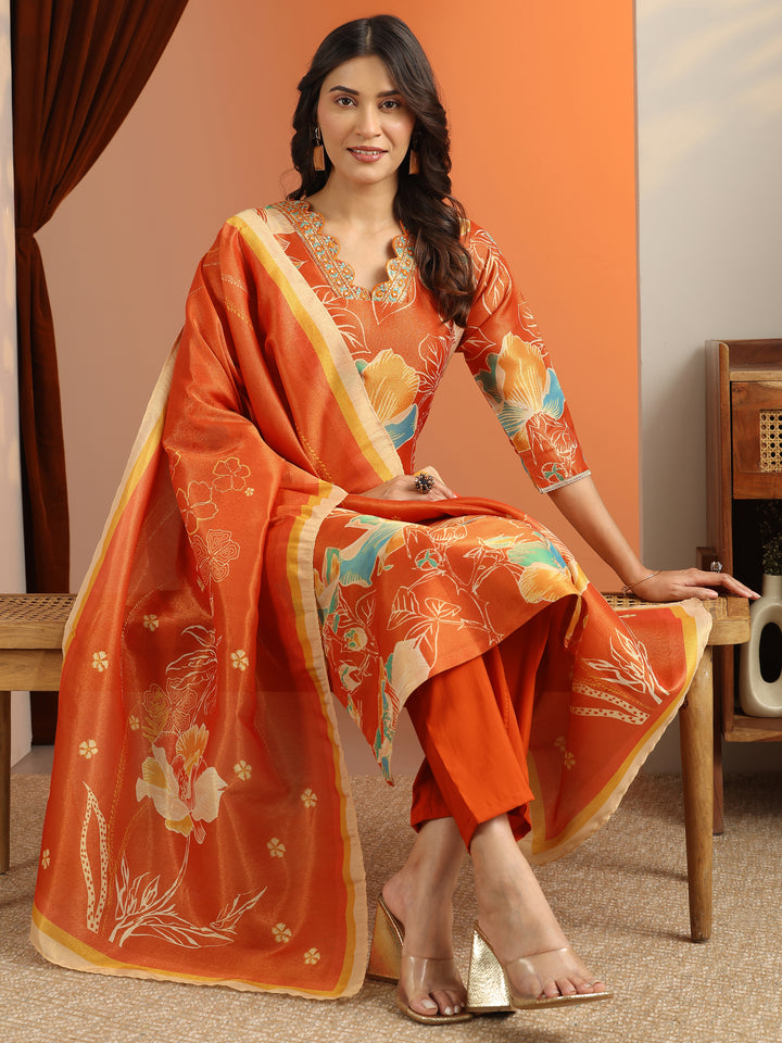 Orange Printed Silk Blend Straight Suit Set With Dupatta
