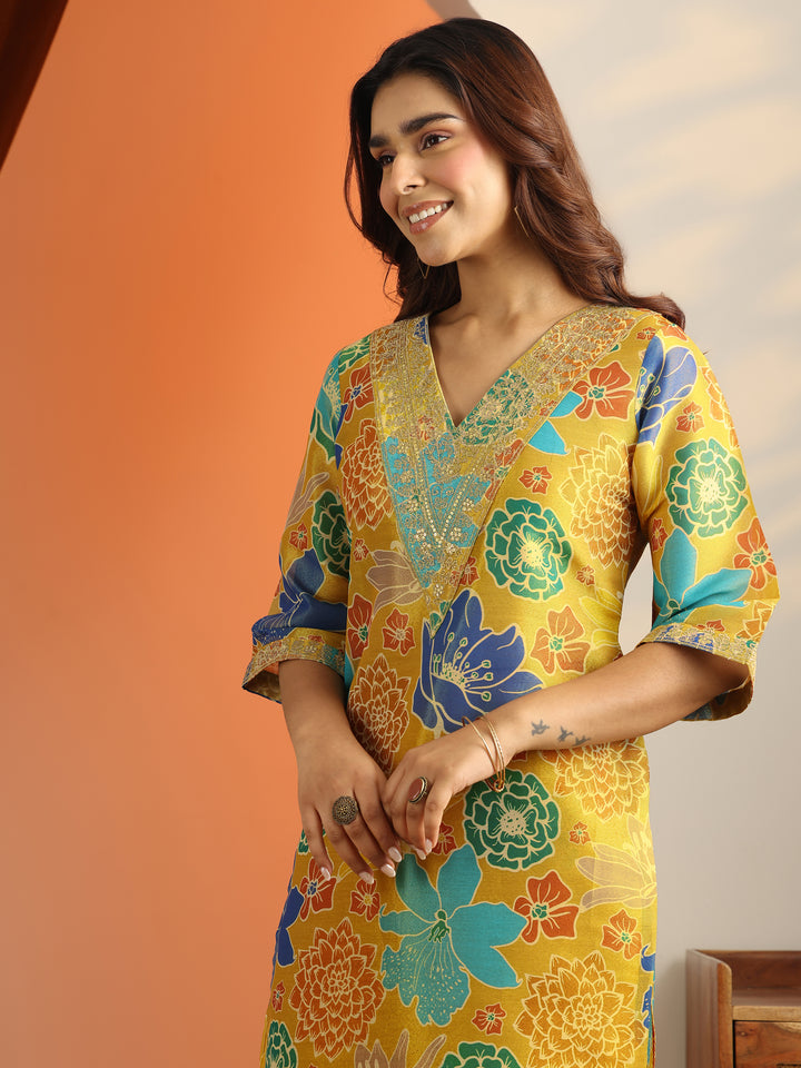 Mustard Printed Silk Blend Straight Suit Set With Dupatta