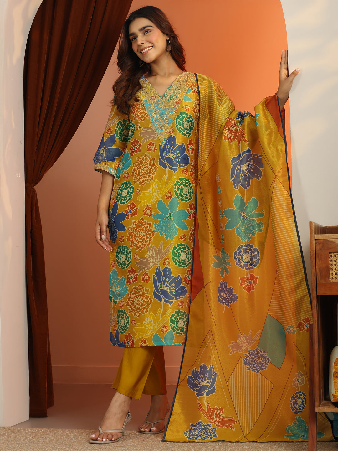Mustard Printed Silk Blend Straight Suit Set With Dupatta