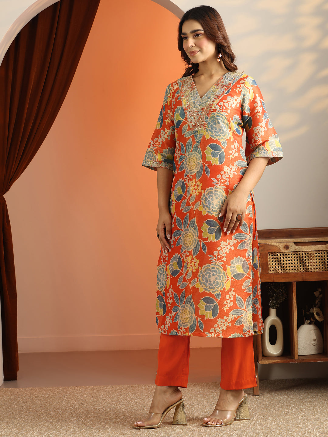 Orange Printed Silk Blend Straight Suit Set With Dupatta