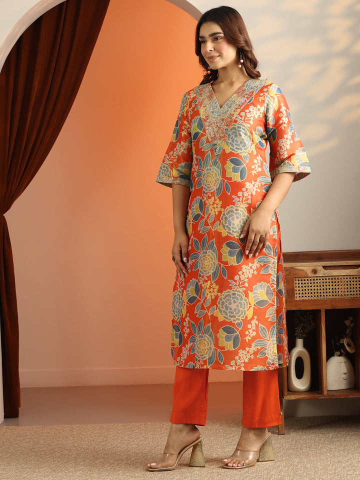 Orange Printed Silk Blend Straight Suit Set With Dupatta