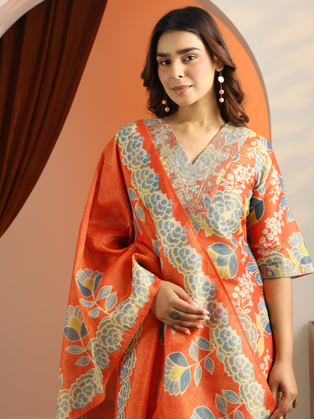 Orange Printed Silk Blend Straight Suit Set With Dupatta