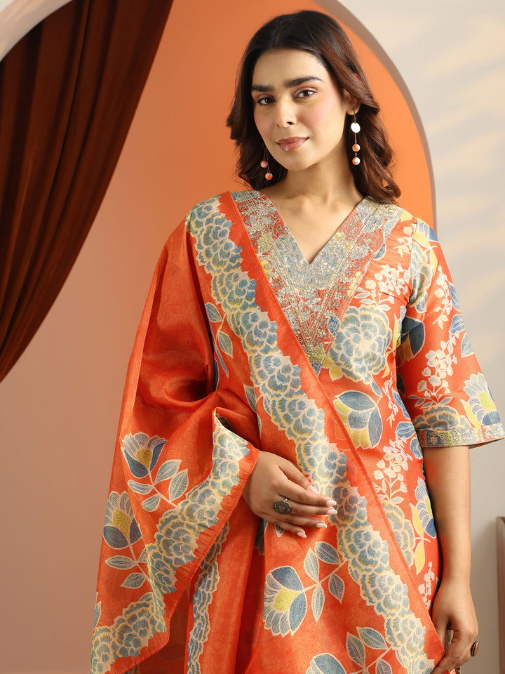 Orange Printed Silk Blend Straight Suit Set With Dupatta