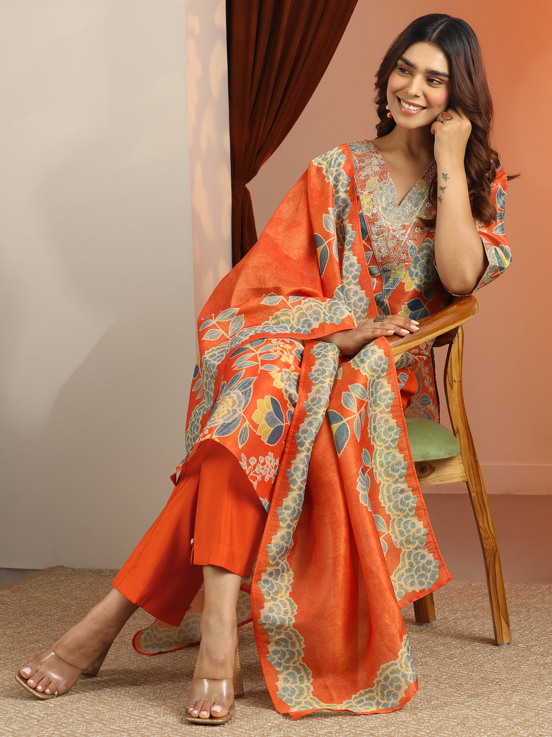 Orange Printed Silk Blend Straight Suit Set With Dupatta