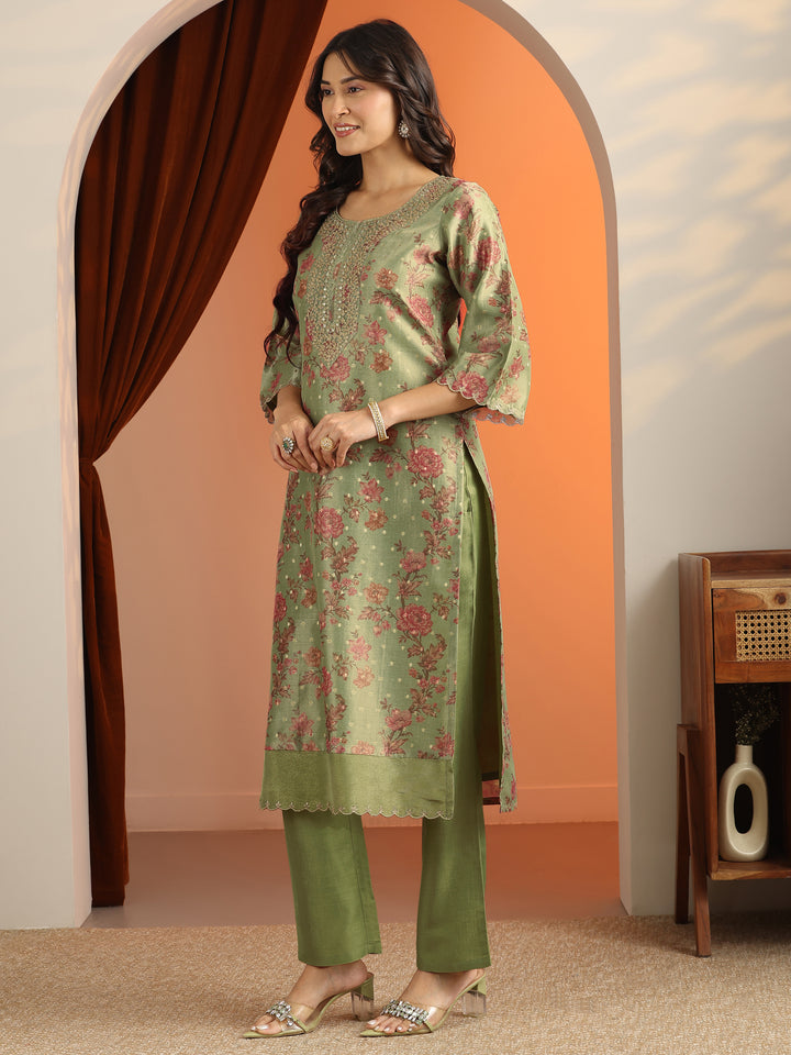 Green Printed Silk Blend Straight Suit Set With Dupatta