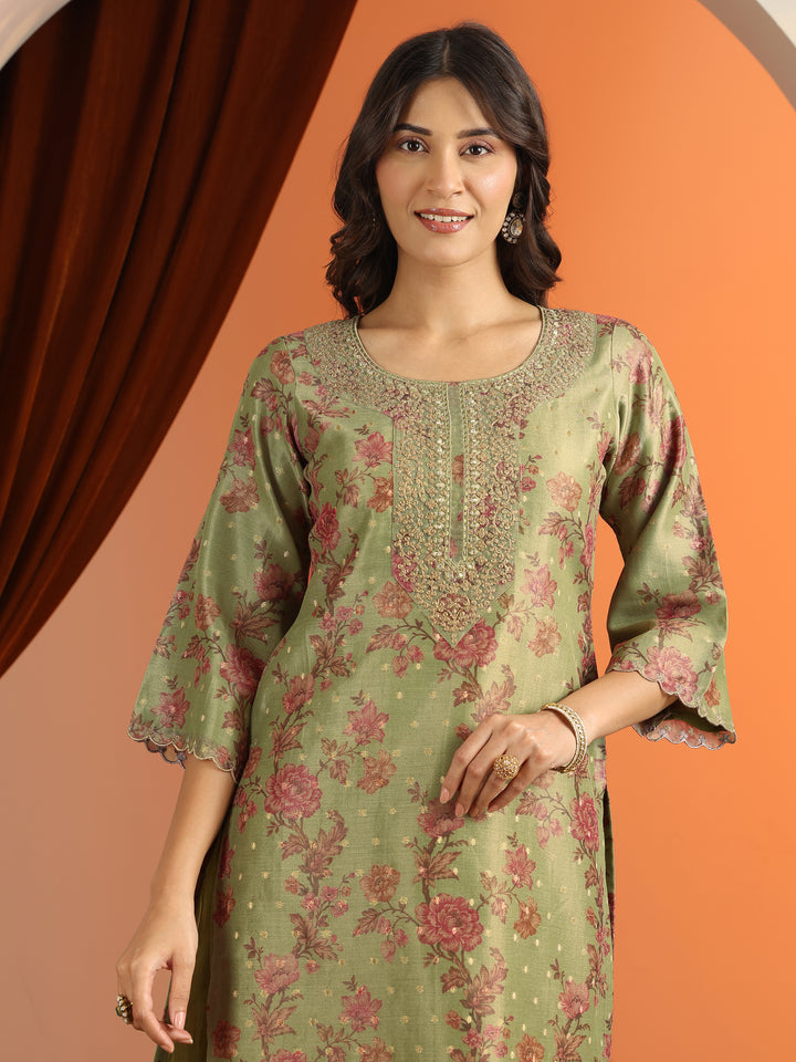 Green Printed Silk Blend Straight Suit Set With Dupatta