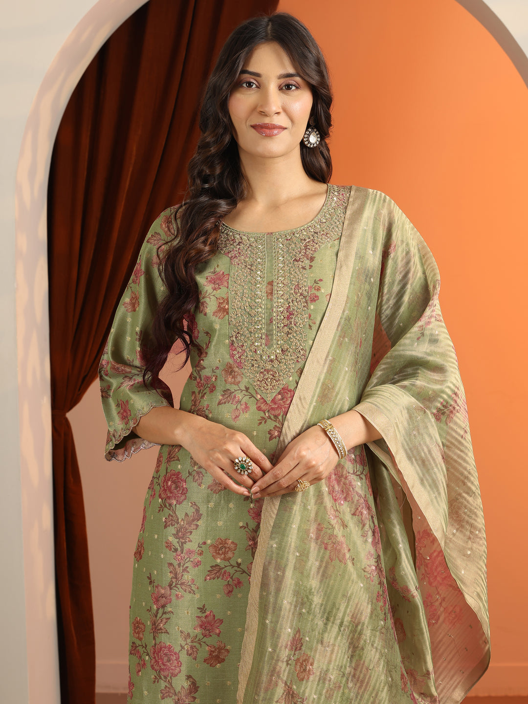 Green Printed Silk Blend Straight Suit Set With Dupatta
