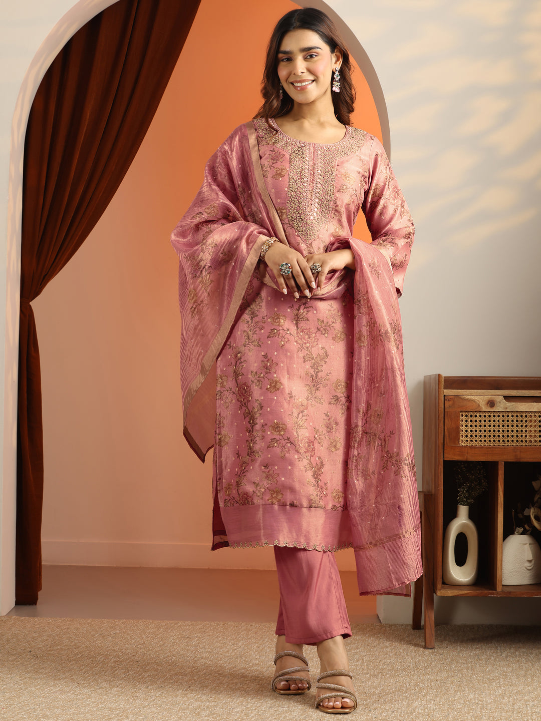Peach Printed Silk Blend Straight Suit Set With Dupatta