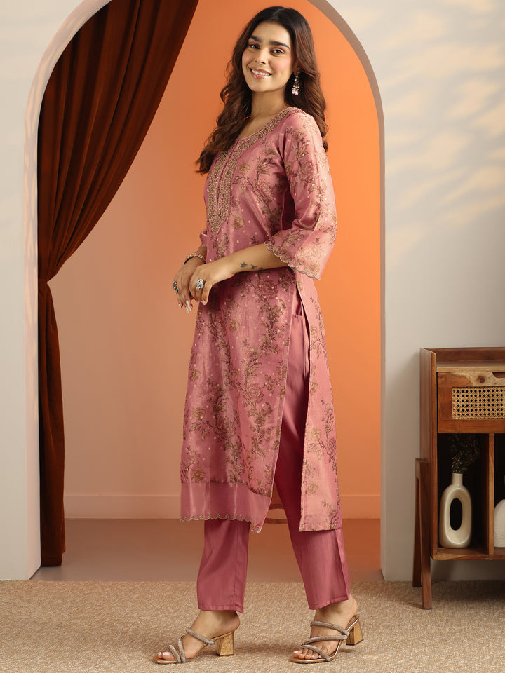 Peach Printed Silk Blend Straight Suit Set With Dupatta