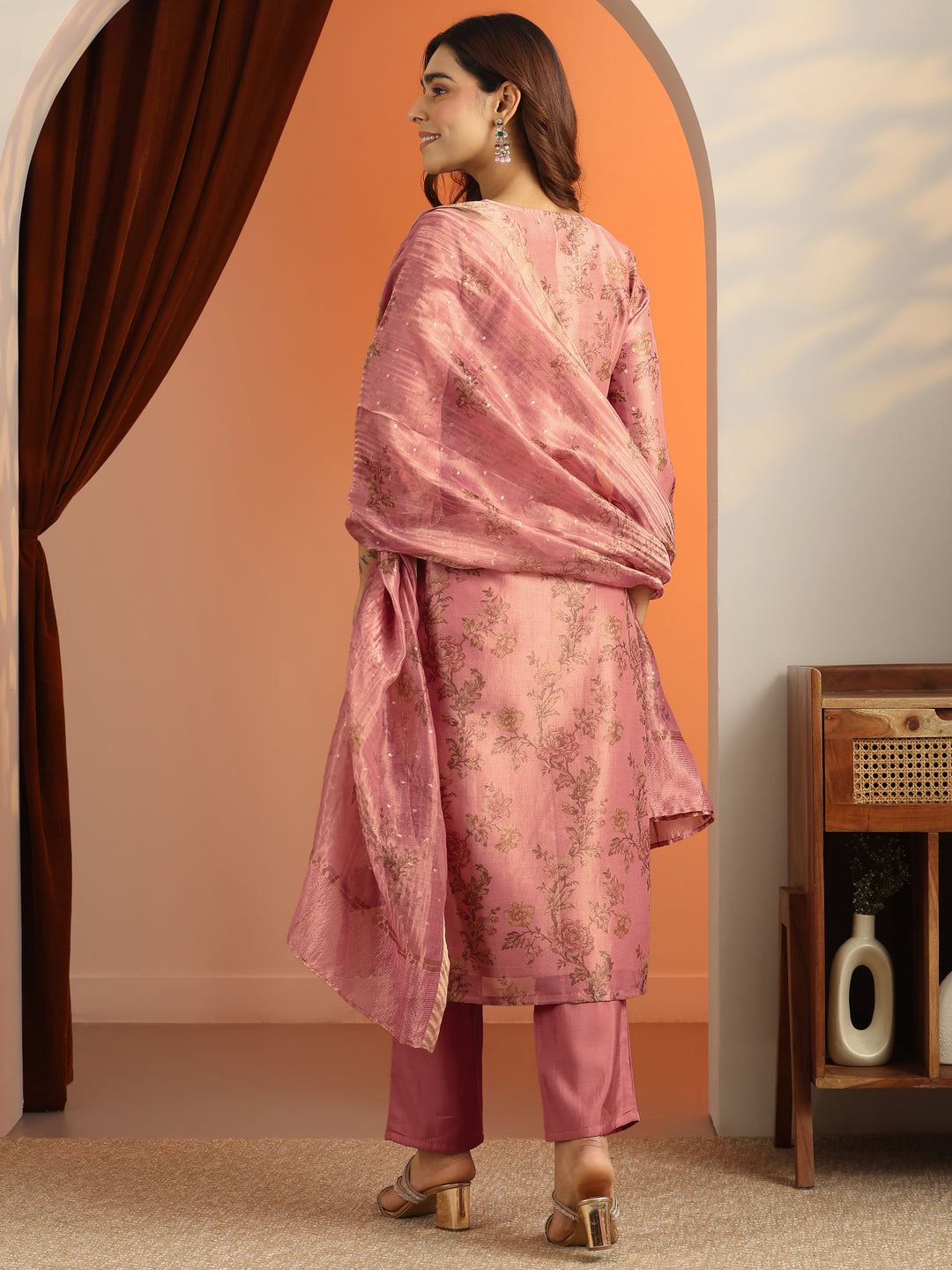 Peach Printed Silk Blend Straight Suit Set With Dupatta