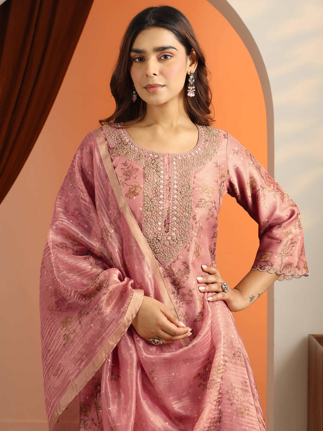 Peach Printed Silk Blend Straight Suit Set With Dupatta