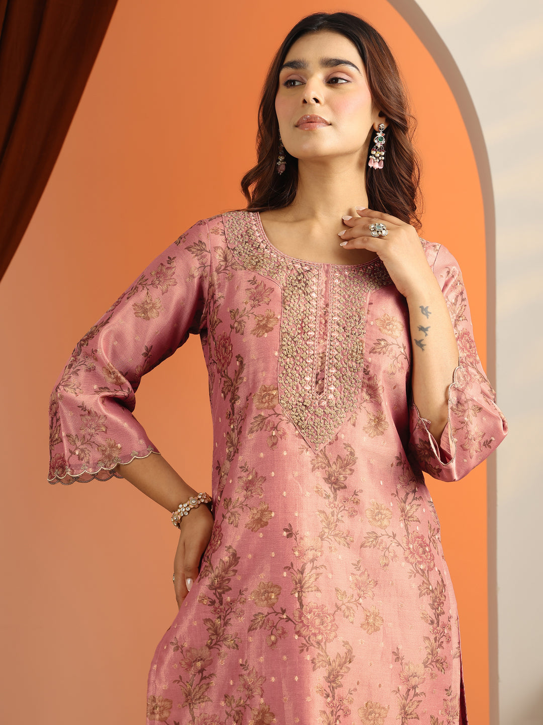 Peach Printed Silk Blend Straight Suit Set With Dupatta