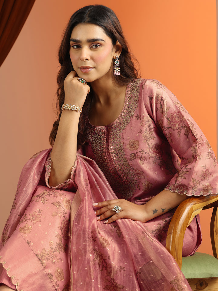 Peach Printed Silk Blend Straight Suit Set With Dupatta