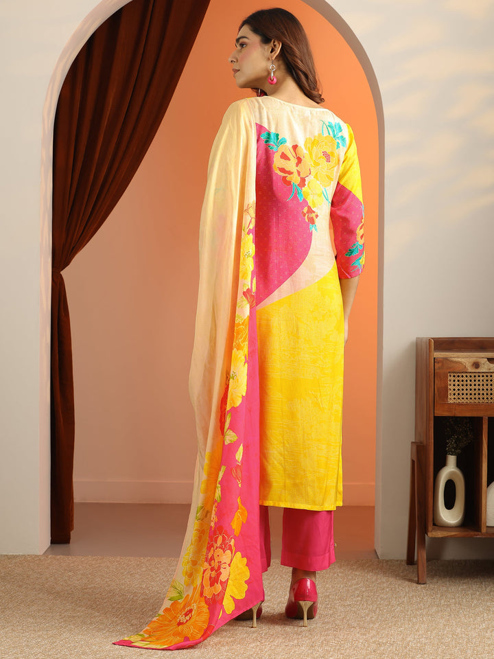 Cream Printed Silk Blend Straight Suit Set With Dupatta
