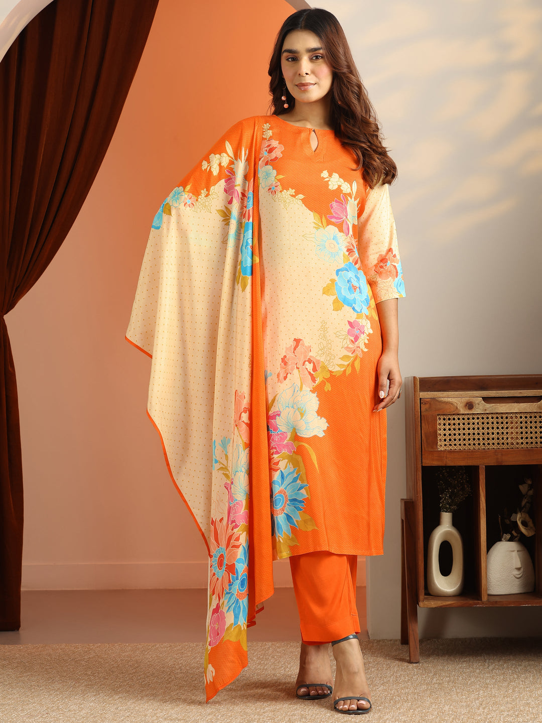 Cream Printed Silk Blend Straight Suit Set With Dupatta