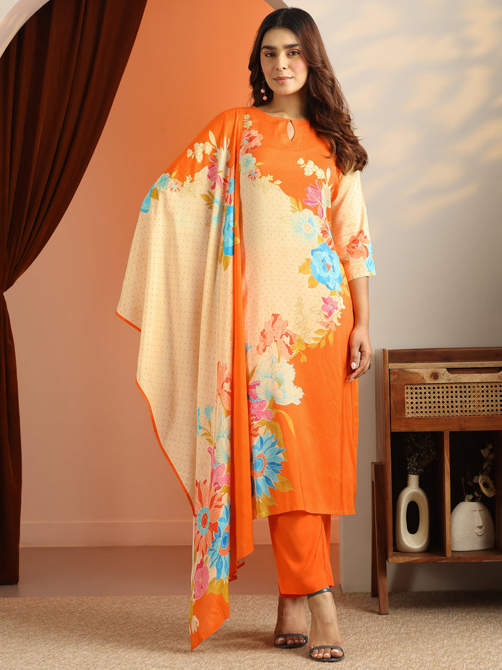 Cream Printed Silk Blend Straight Suit Set With Dupatta