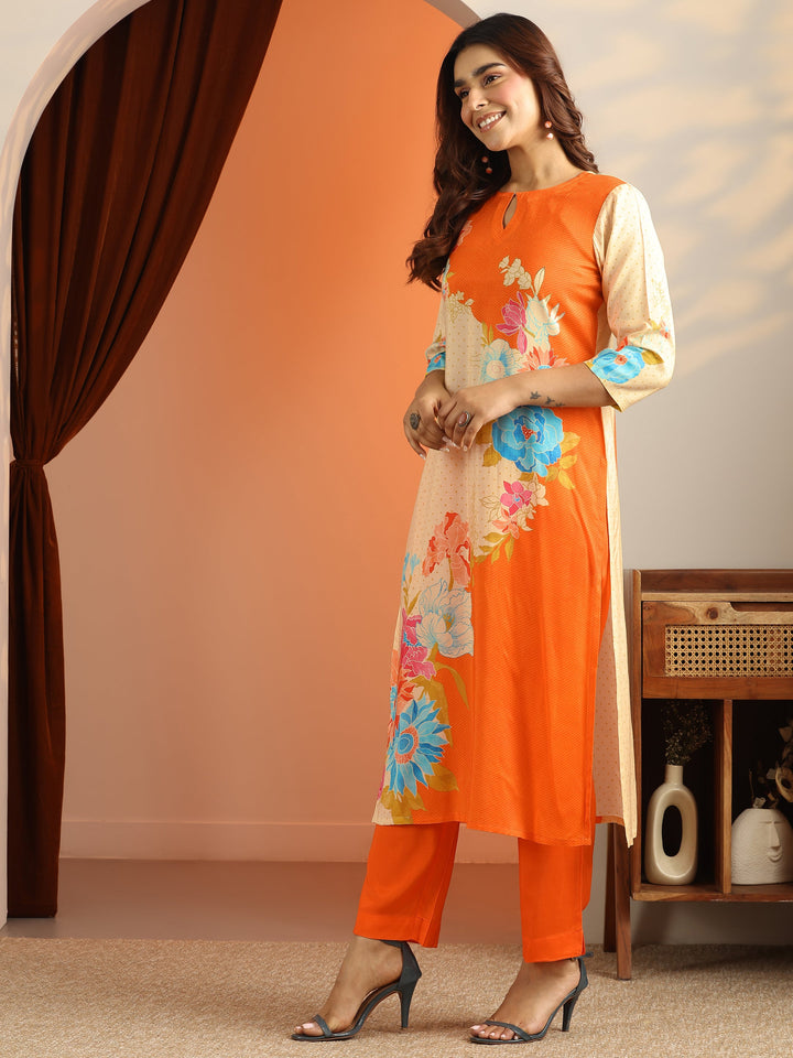 Cream Printed Silk Blend Straight Suit Set With Dupatta
