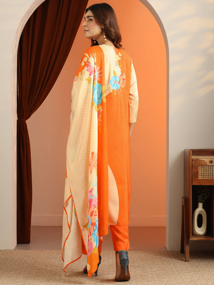 Cream Printed Silk Blend Straight Suit Set With Dupatta