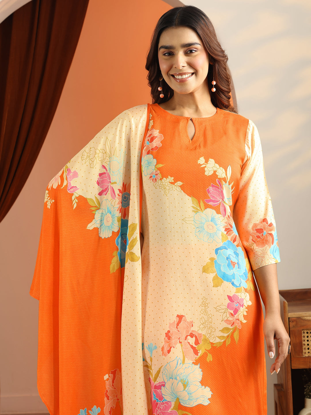 Cream Printed Silk Blend Straight Suit Set With Dupatta