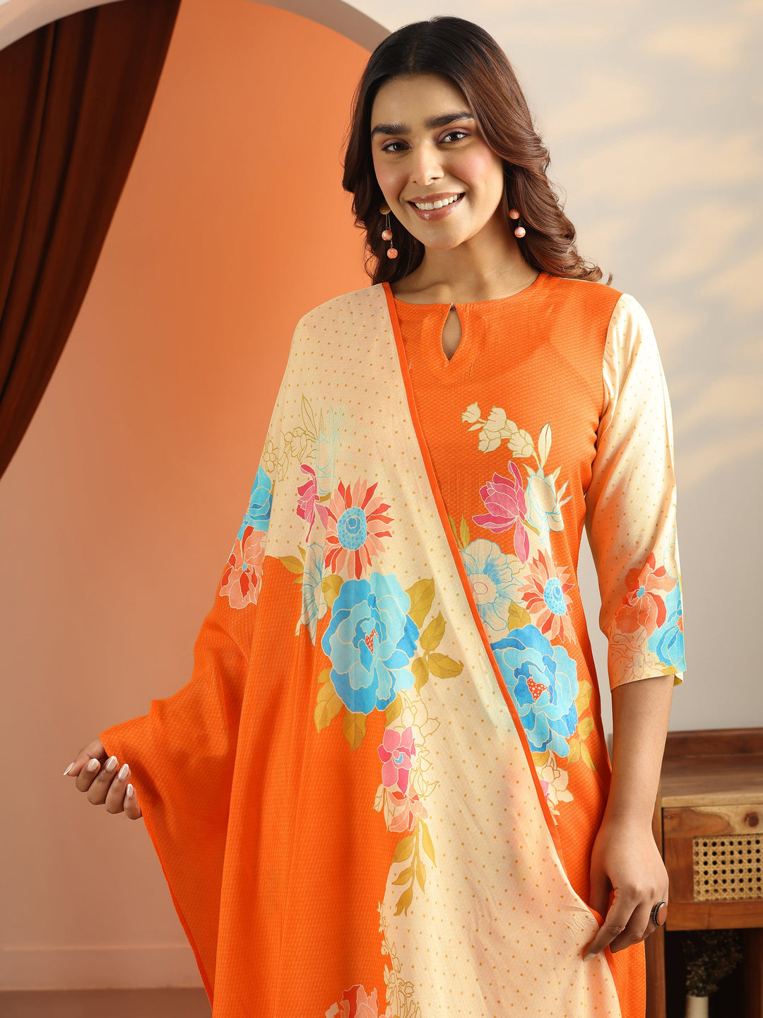 Cream Printed Silk Blend Straight Suit Set With Dupatta