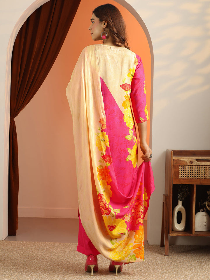 Pink Printed Silk Blend Straight Suit Set With Dupatta