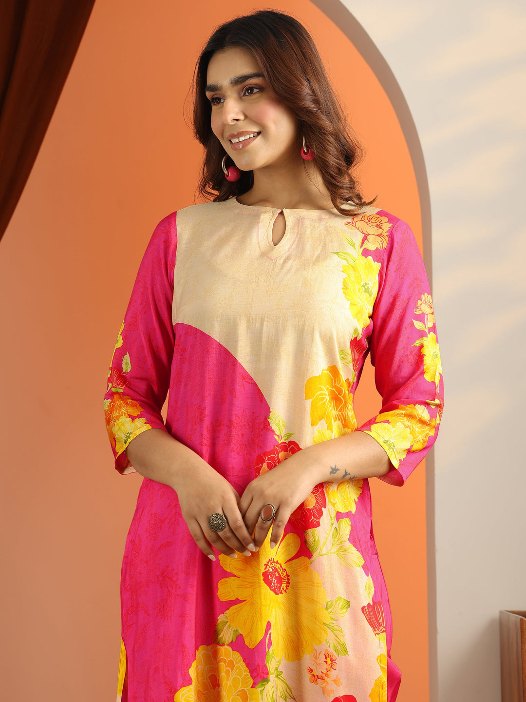 Pink Printed Silk Blend Straight Suit Set With Dupatta