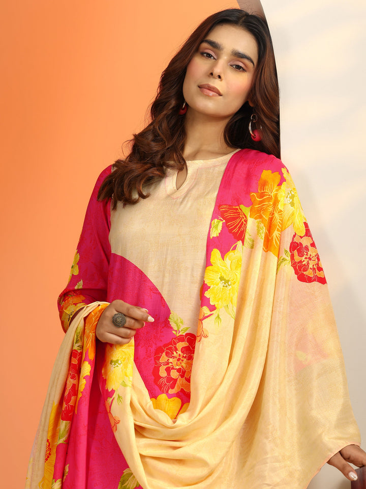 Pink Printed Silk Blend Straight Suit Set With Dupatta