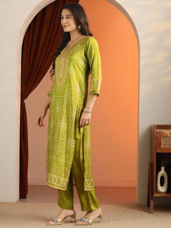 Green Printed Silk Blend Straight Suit Set With Dupatta