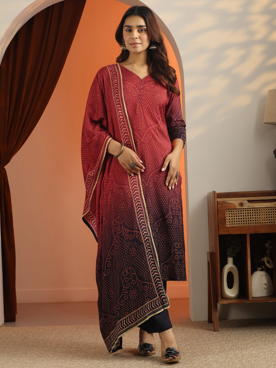 Rust Bandhani Printed Silk Blend Straight Suit Set With Dupatta
