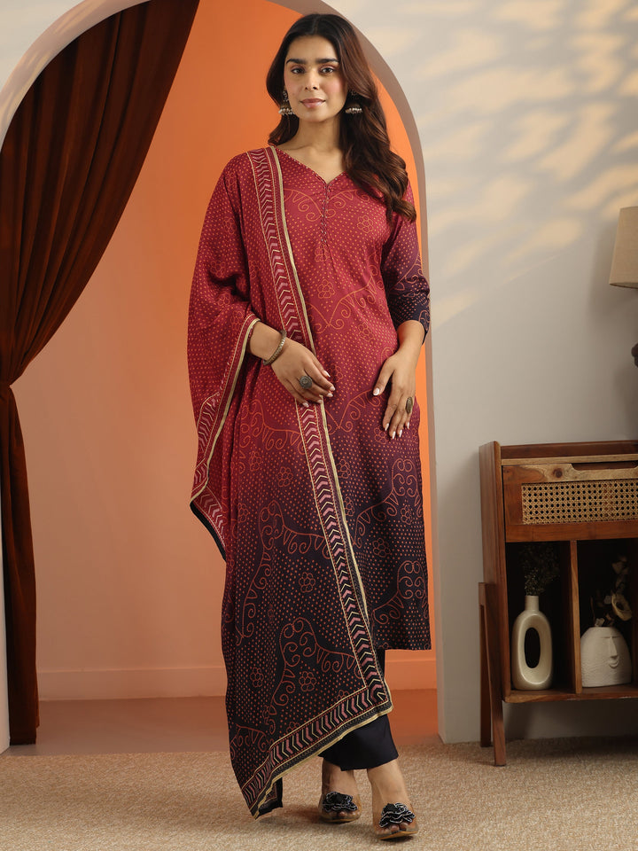 Rust Bandhani Printed Silk Blend Straight Suit Set With Dupatta