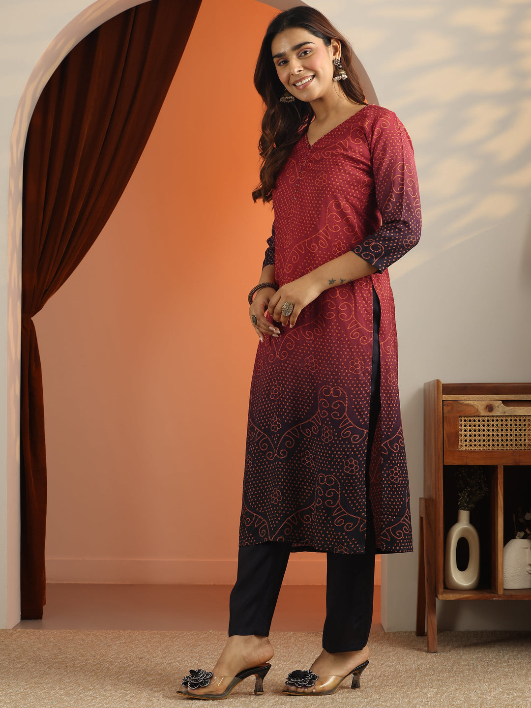 Rust Bandhani Printed Silk Blend Straight Suit Set With Dupatta