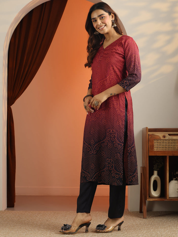 Rust Bandhani Printed Silk Blend Straight Suit Set With Dupatta