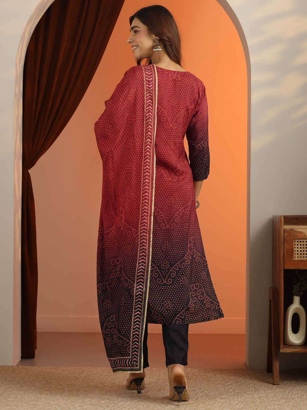 Rust Bandhani Printed Silk Blend Straight Suit Set With Dupatta