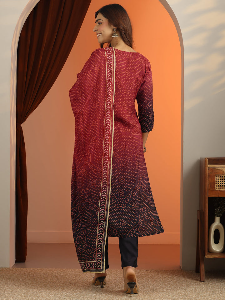 Rust Bandhani Printed Silk Blend Straight Suit Set With Dupatta