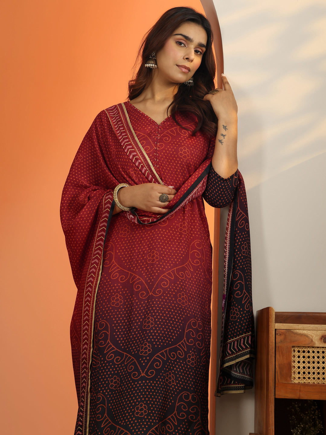 Rust Bandhani Printed Silk Blend Straight Suit Set With Dupatta