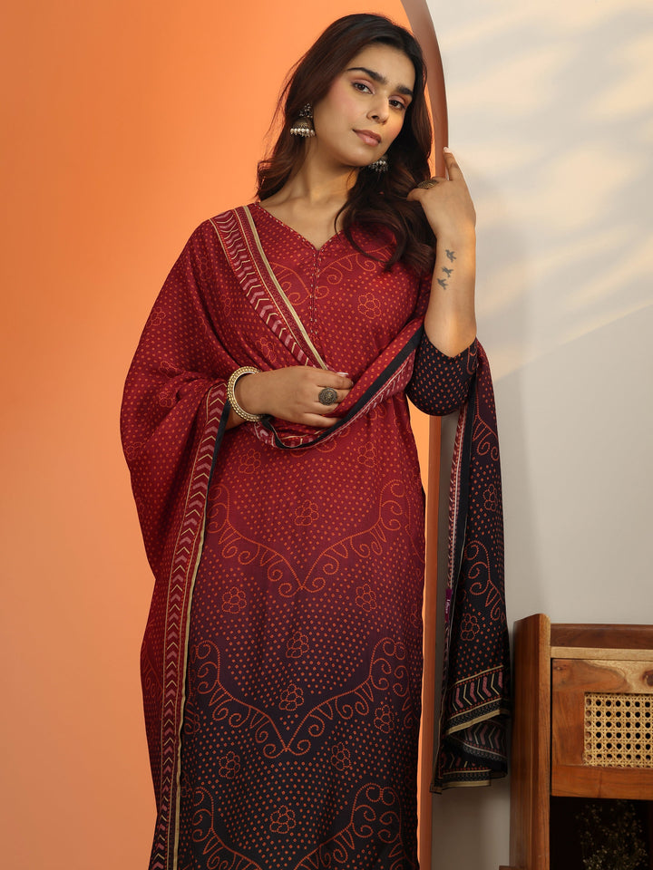 Rust Bandhani Printed Silk Blend Straight Suit Set With Dupatta