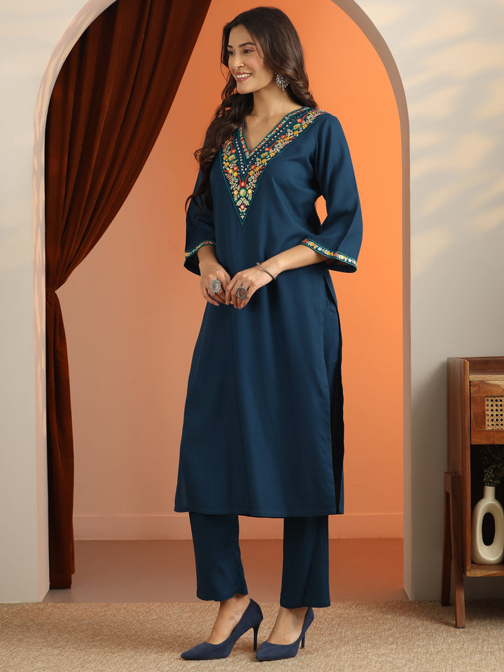 Blue Embroidered Rayon Straight Suit Set With Dupatta