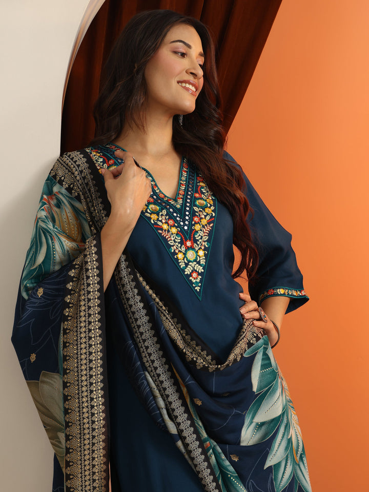 Blue Embroidered Rayon Straight Suit Set With Dupatta