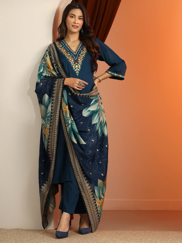 Blue Embroidered Rayon Straight Suit Set With Dupatta