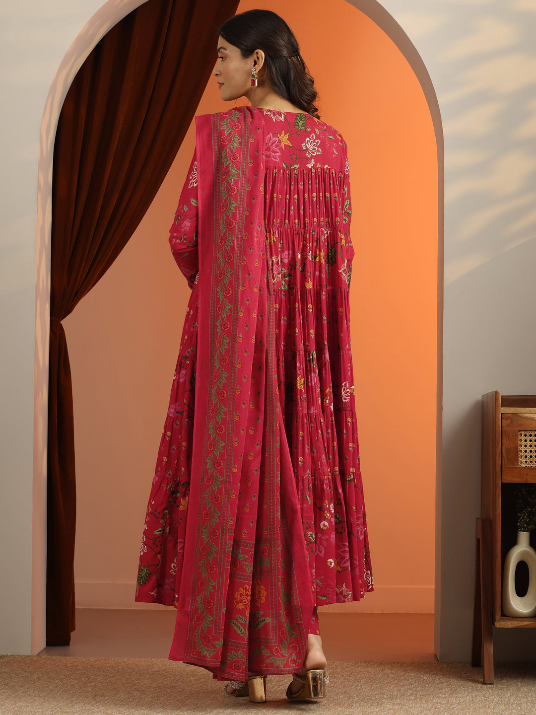 Red Printed Cotton Anarkali Suit Set With Dupatta
