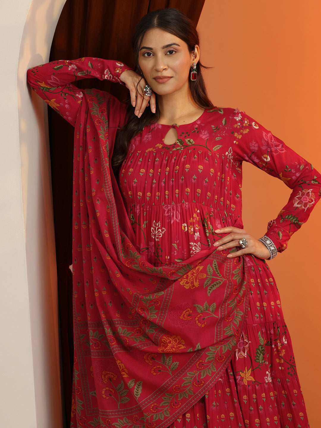 Red Printed Cotton Anarkali Suit Set With Dupatta