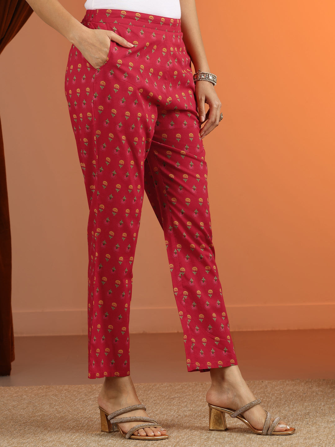 Red Printed Cotton Anarkali Suit Set With Dupatta
