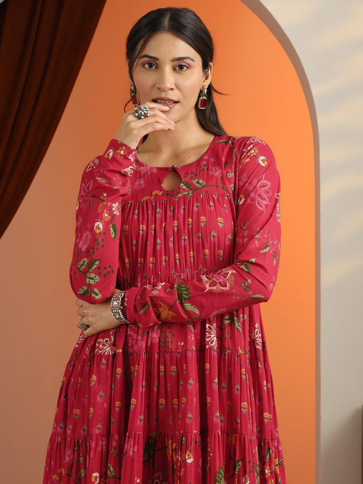Red Printed Cotton Anarkali Suit Set With Dupatta